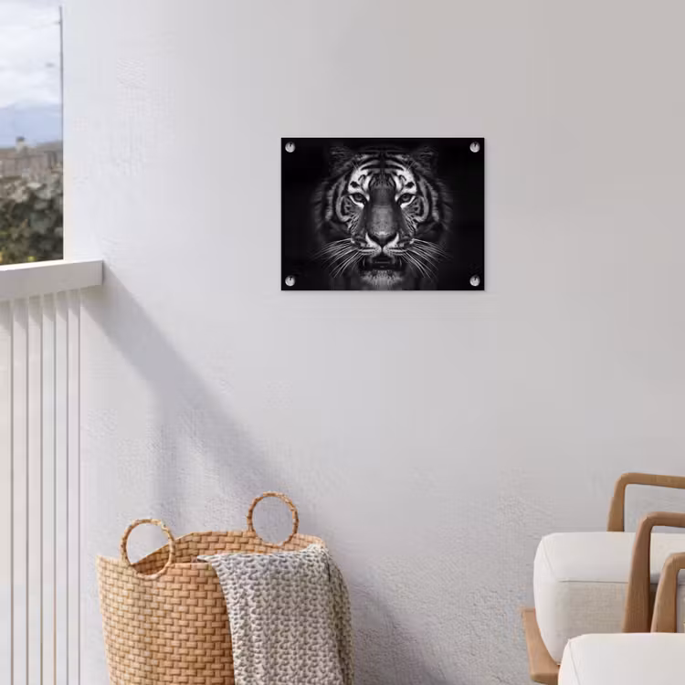 Tijger - Dieren - Zwart - Wit - Portret - Wild tuinposter los doek klein -sfeer8