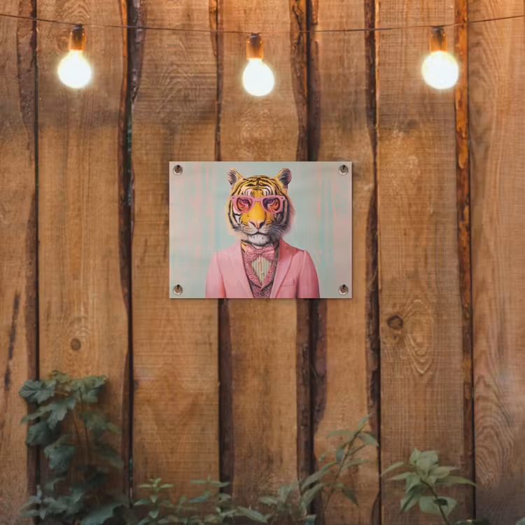 Tijger - Strik - Jasje - Roze tuinposter los doek klein -sfeer1