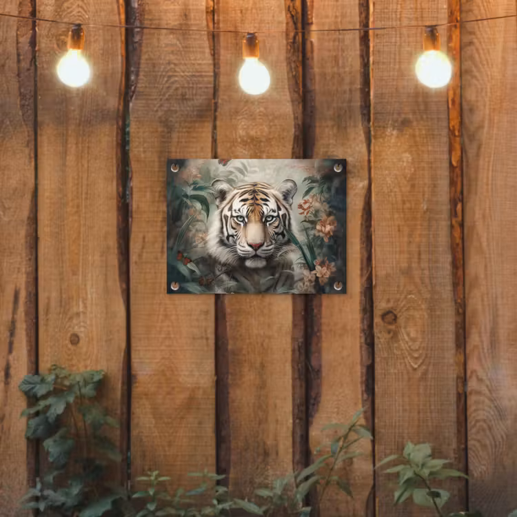 Tijger - Vlinders - Dieren - Jungle - Bloemen tuinposter los doek klein -sfeer1