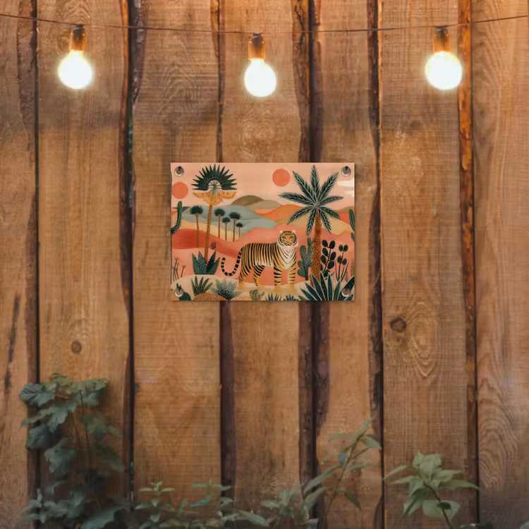 Tijger - Kleurrijk - Palmen - Cactus tuinposter los doek klein -sfeer1