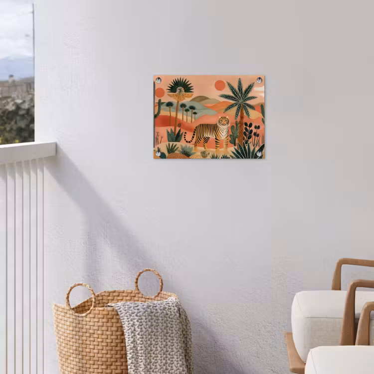 Tijger - Kleurrijk - Palmen - Cactus tuinposter los doek klein -sfeer8