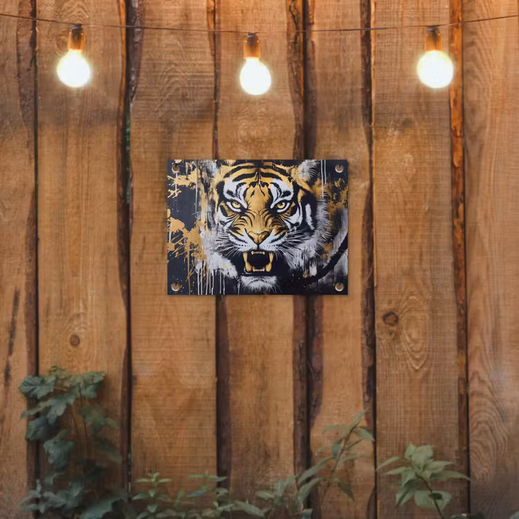 Tijger - Verfspatten - Goud tuinposter los doek klein -sfeer1