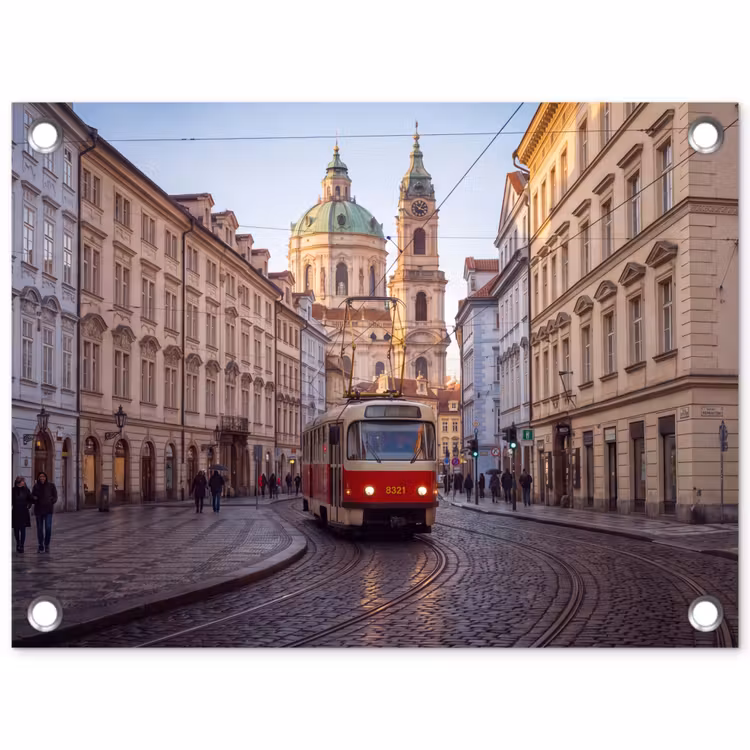 Tram - Straat - Stadsgezicht - Klassiek - Rood tuinposter los doek klein -3d