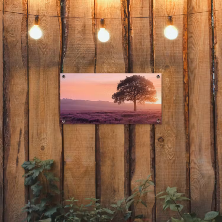 Boom - Heide - Zonsopgang tuinposter los doek klein -sfeer1