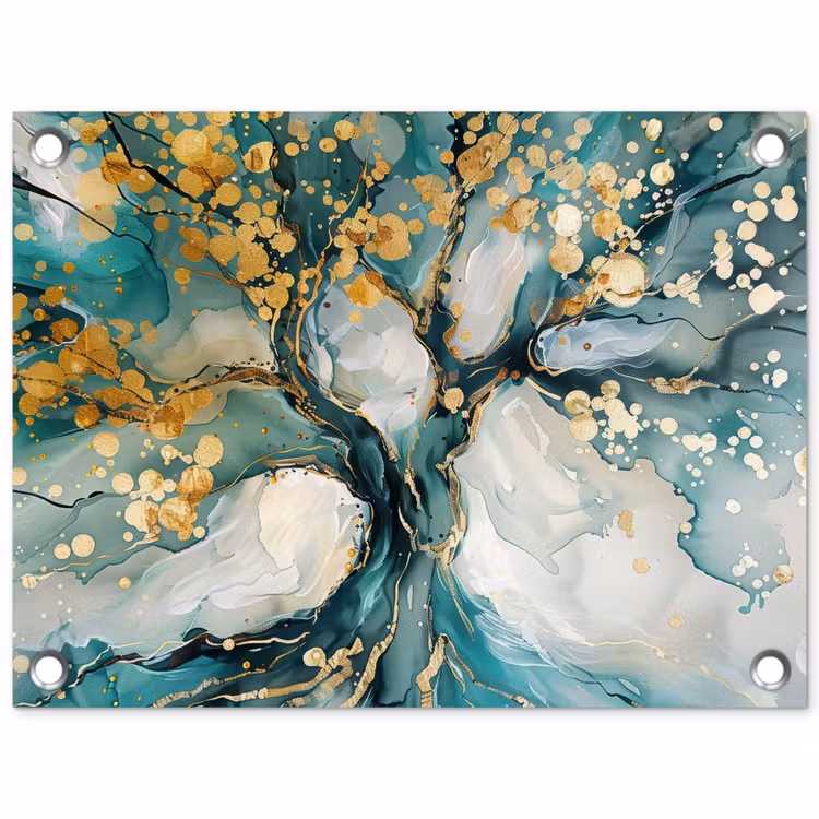Boom - Modern - Verflook - Turquoise - Goud tuinposter los doek klein -3d