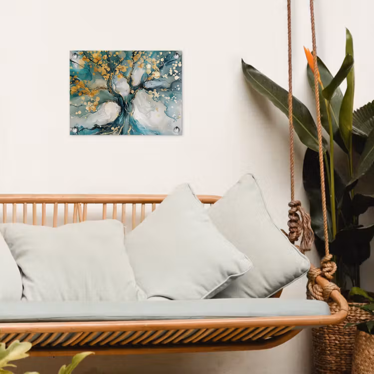 Boom - Modern - Verflook - Turquoise - Goud tuinposter los doek klein -sfeer7