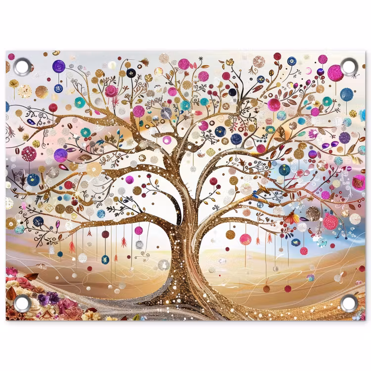 Levensboom - Goud - Kleurrijk - Abstract - Aesthetic tuinposter los doek klein -3d