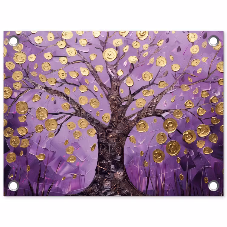 Levensboom - Boom - Paars - Goud - Modern tuinposter los doek klein -3d