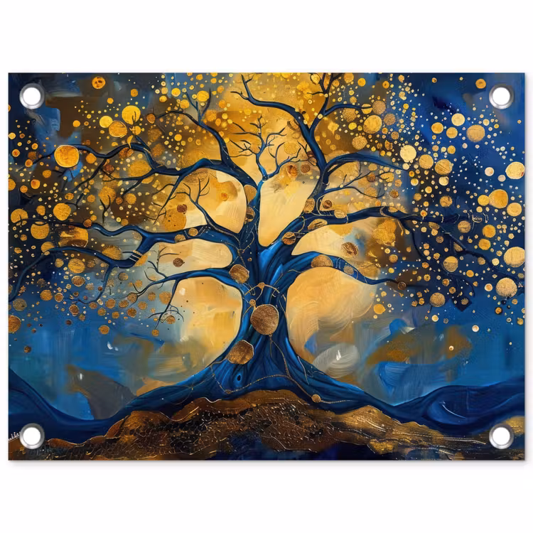 Boom - Levensboom - Blauw - Goud tuinposter los doek klein -3d
