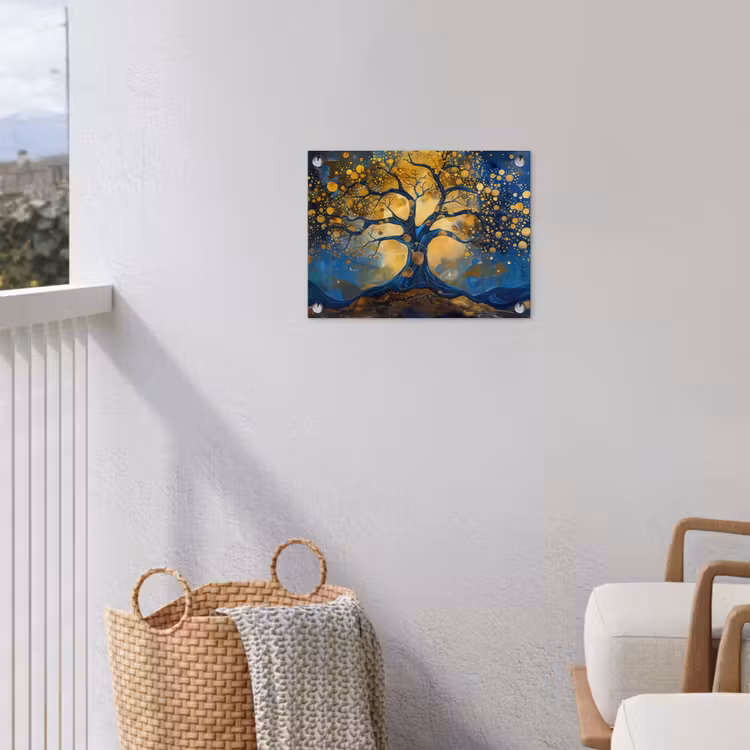 Boom - Levensboom - Blauw - Goud tuinposter los doek klein -sfeer8