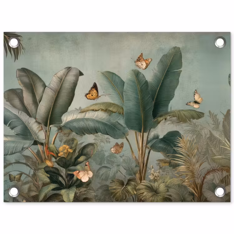 Tropisch bladerdek - Vlinders - groen - Bruin tuinposter los doek klein -3d