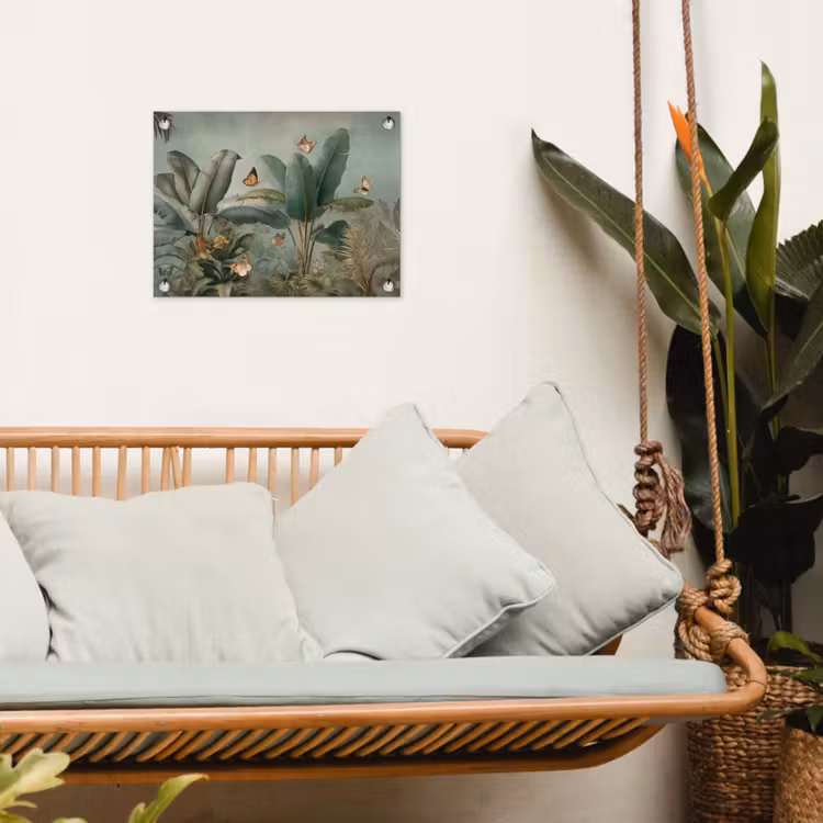 Tropisch bladerdek - Vlinders - groen - Bruin tuinposter los doek klein -sfeer7
