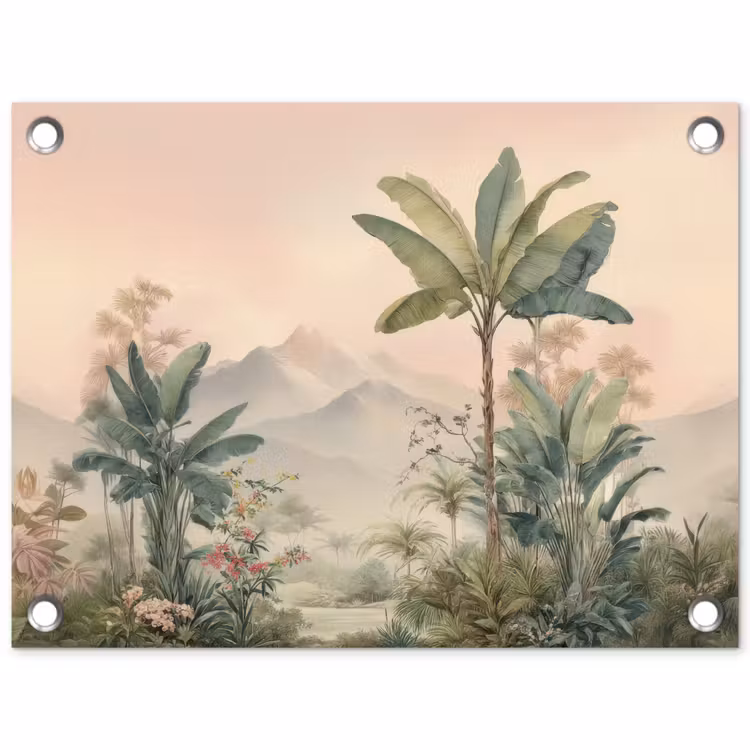 Tropisch landschap - palmbomen - Bloemen - Roze lucht tuinposter los doek klein -3d