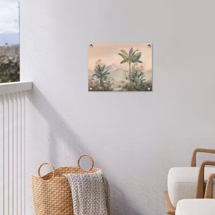 Tropisch landschap - palmbomen - Bloemen - Roze lucht tuinposter los doek klein -sfeer8