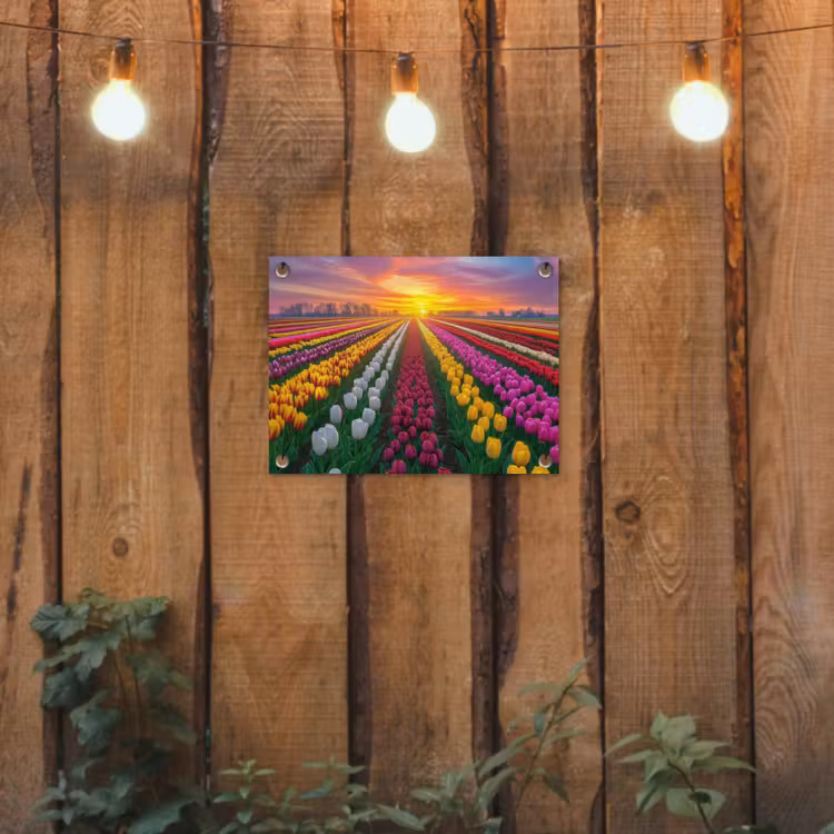 Tulpenveld - Zonsondergang - Kleurrijk tuinposter los doek klein -sfeer1