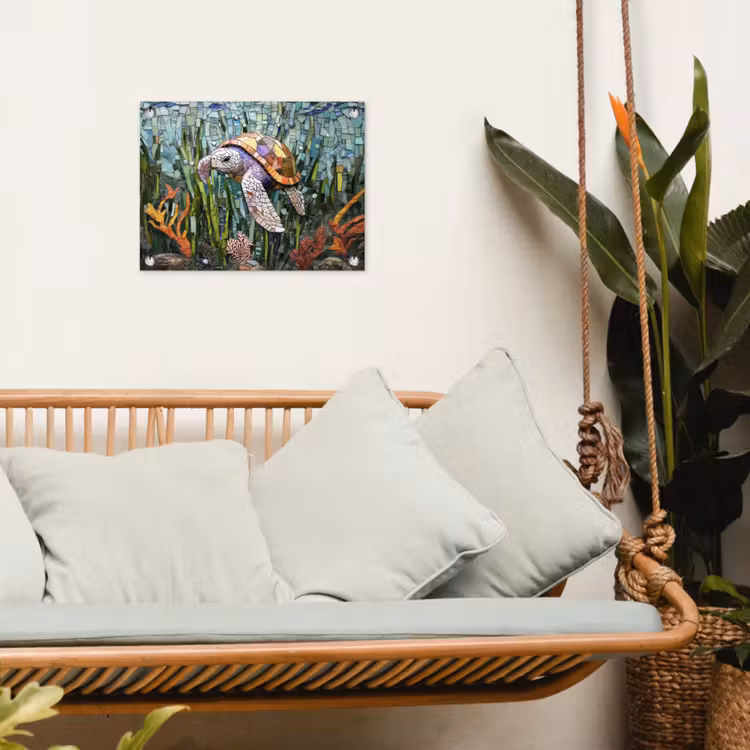 Schildpad - Zeewier - Mozaïek tuinposter los doek klein -sfeer7