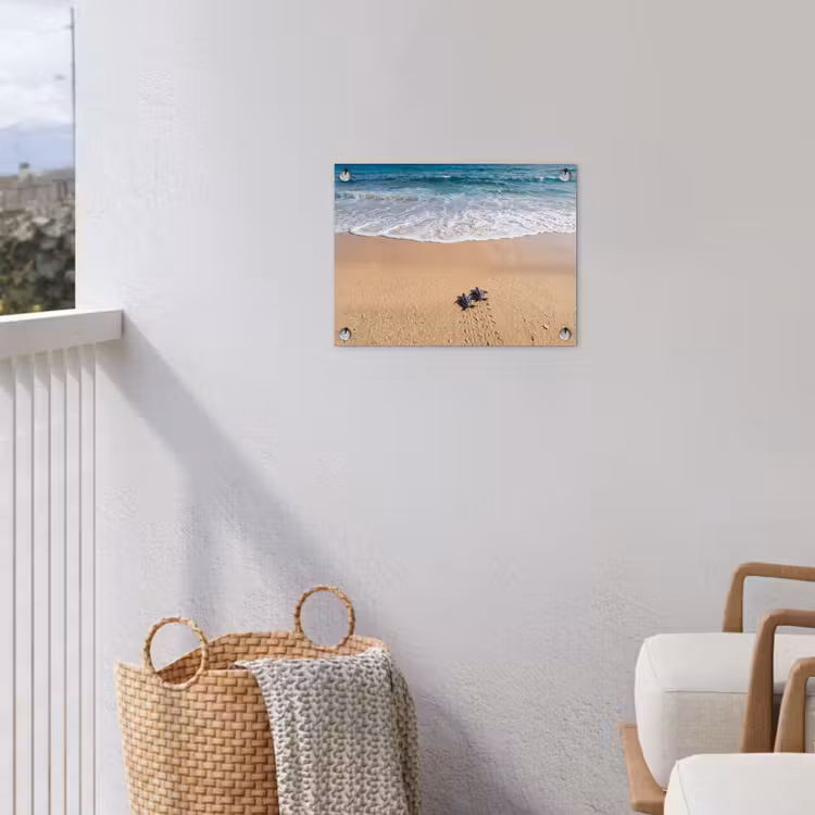 Schildpad - Jong - Strand - Oceaan - Blauw tuinposter los doek klein -sfeer8