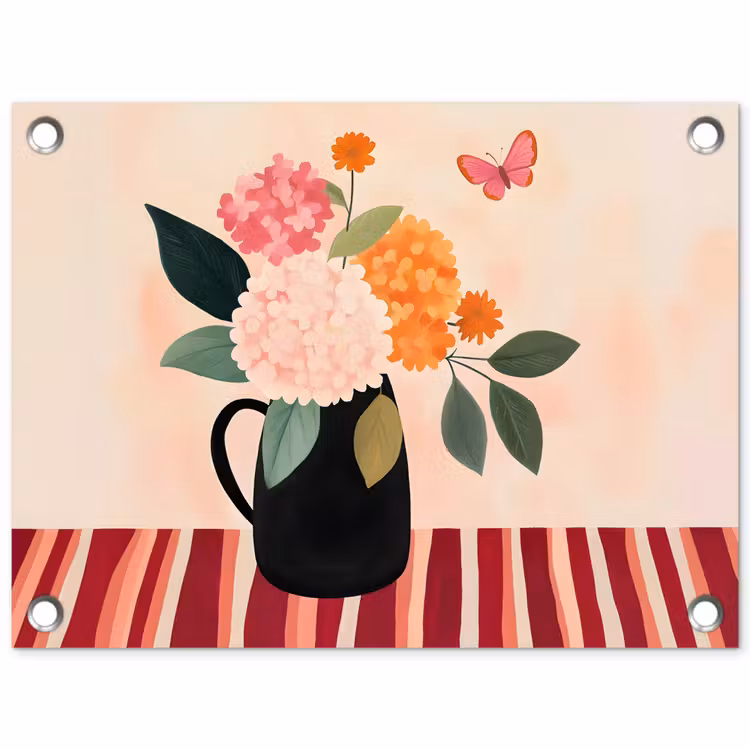 Vaas - Bloemen - Vlinder - Rood tuinposter los doek klein -3d