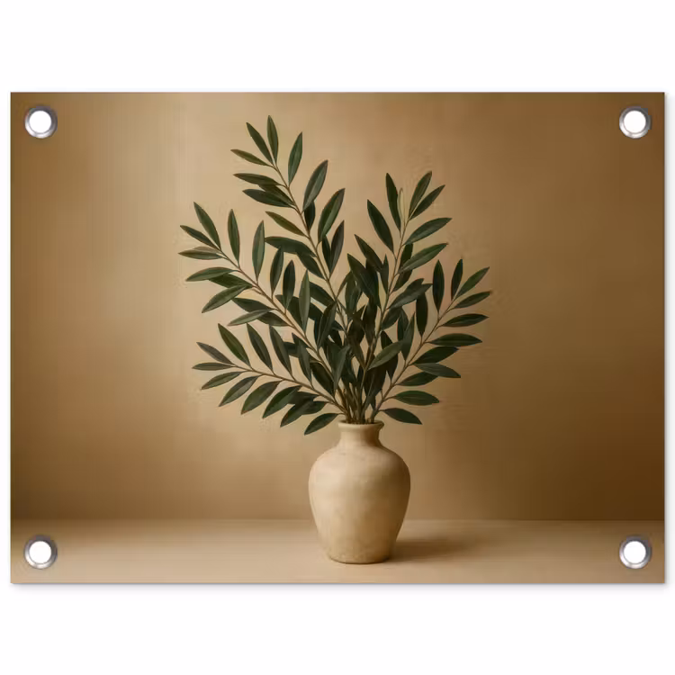 Vaas - Olijftakken - Bladeren - Beige tuinposter los doek klein -3d