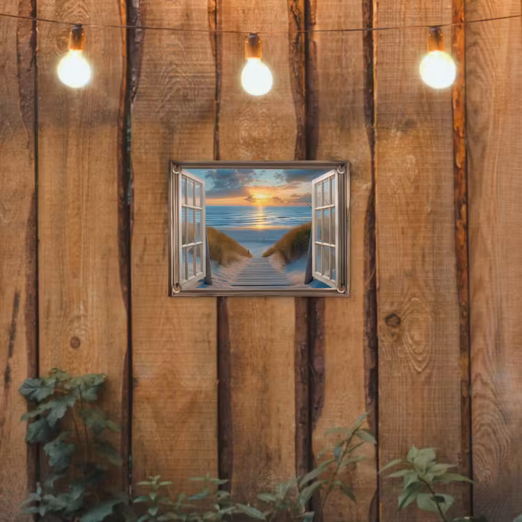 Doorkijk - Strand - Pad - Zonsondergang tuinposter los doek klein -sfeer1