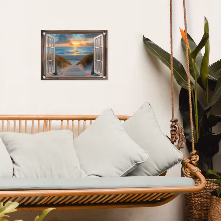 Doorkijk - Strand - Pad - Zonsondergang tuinposter los doek klein -sfeer7