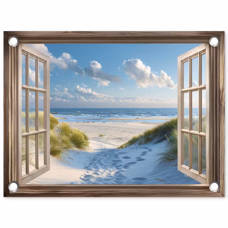 Doorkijk - Strand - Raam - Duinen - Zee tuinposter los doek klein -3d