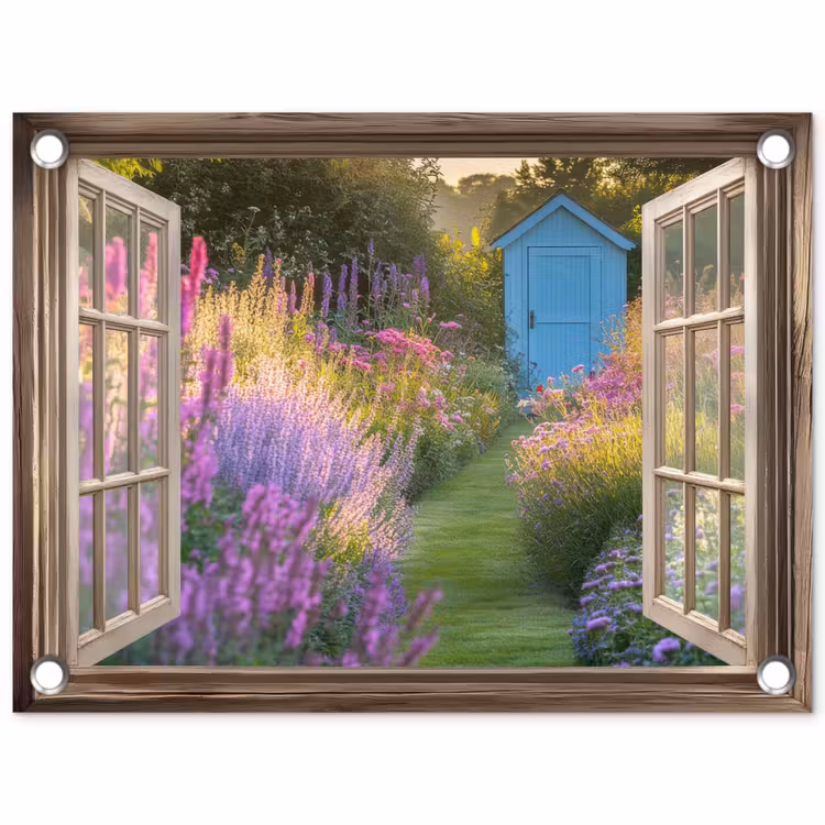 Doorkijk - Bloemen - Raam - Natuur tuinposter los doek klein -3d