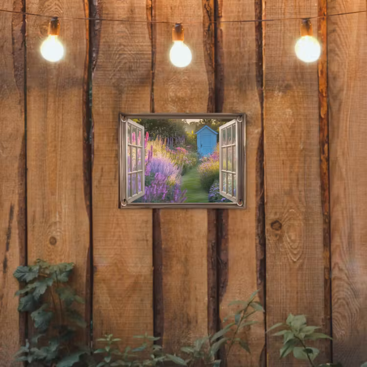 Doorkijk - Bloemen - Raam - Natuur tuinposter los doek klein -sfeer1