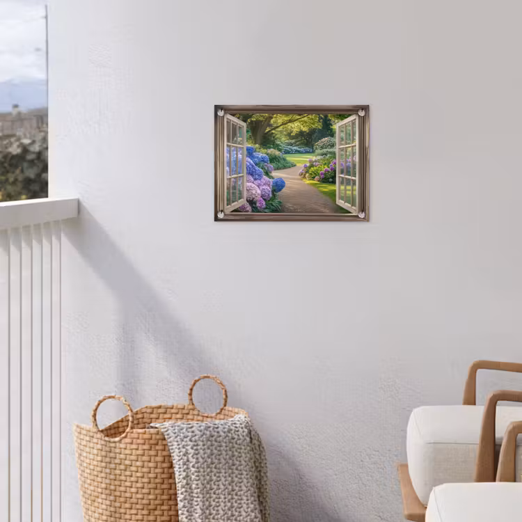Doorkijk - Tuin - Raam - Hortensia - Bloemen tuinposter los doek klein -sfeer8