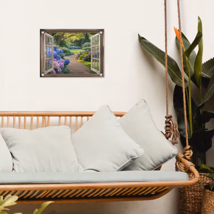 Doorkijk - Tuin - Raam - Hortensia - Bloemen tuinposter los doek klein -sfeer7