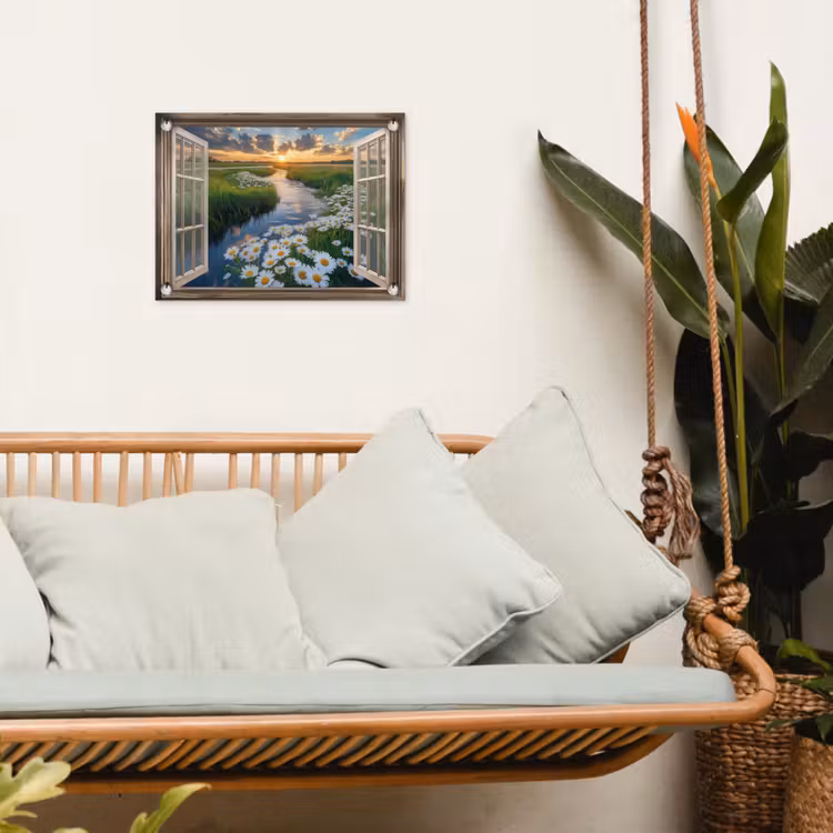 Doorkijk - Landschap - Raam - Water - Zonsondergang tuinposter los doek klein -sfeer7