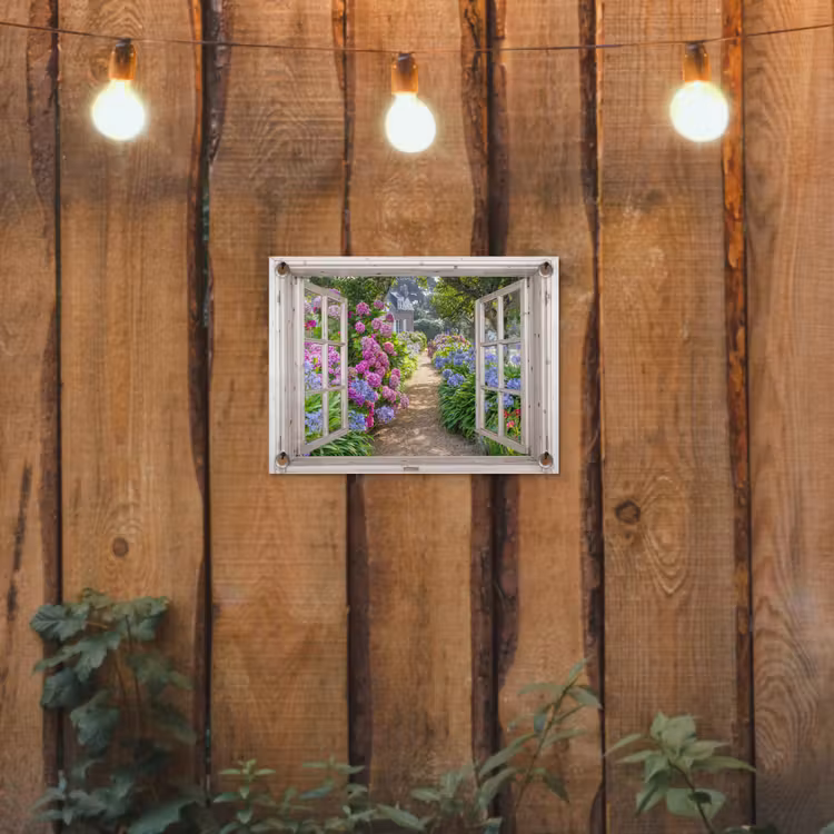 Uitzicht op Bloementuin tuinposter los doek klein -sfeer1