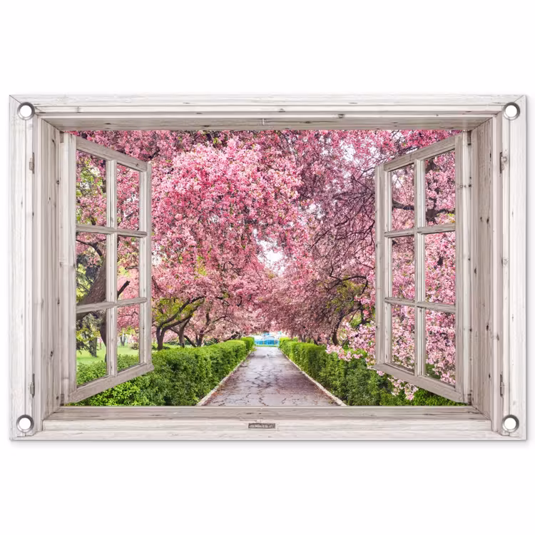 Uitzicht op Bloeiende Kersenbomen tuinposter los doek klein -3d