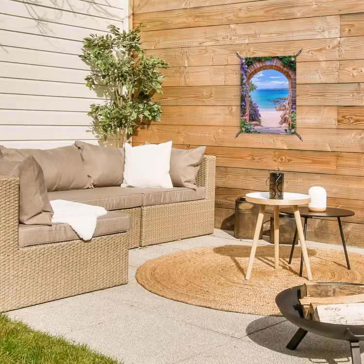 Doorkijk - Poort - Zee - Strand - Rotsen tuinposter los doek klein -sfeer4