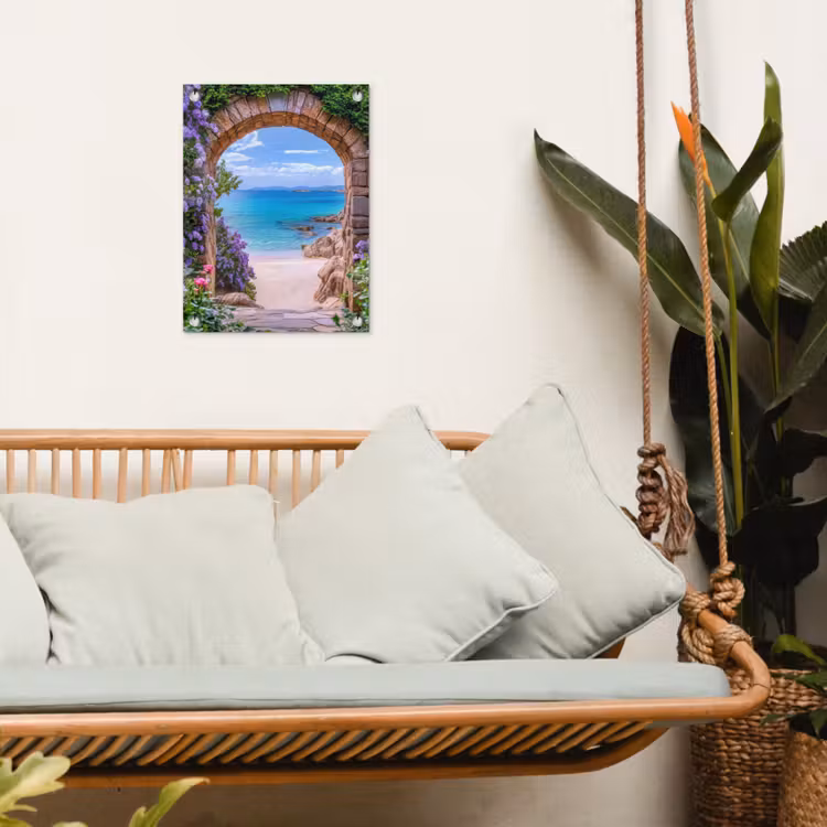 Doorkijk - Poort - Zee - Strand - Rotsen tuinposter los doek klein -sfeer7