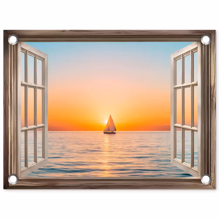 Doorkijk - Zee - Boot - Zonsondergang tuinposter los doek klein -3d