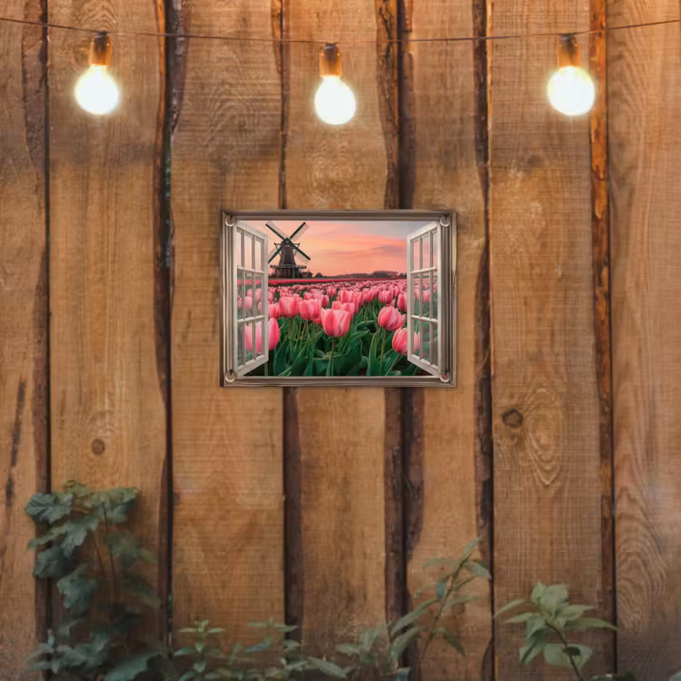Doorkijk - Tulpen - Bloemen - Molen - Raam tuinposter los doek klein -sfeer1