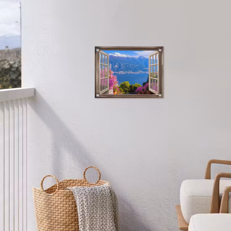 Doorkijk - Berg - Landschap - Uitzicht - Meer tuinposter los doek klein -sfeer8