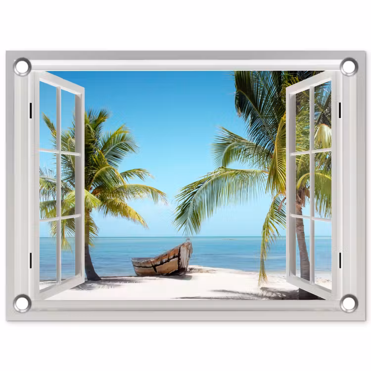 Uitzicht op Tropisch Strand met Boot tuinposter los doek klein -3d