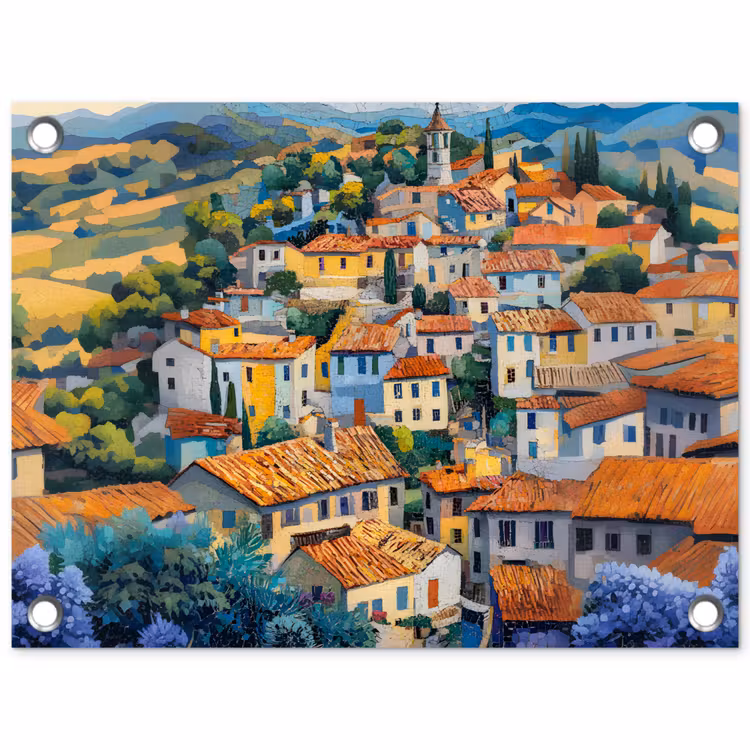 Dorp - Heuvels - Landschap - Bomen tuinposter los doek klein -3d