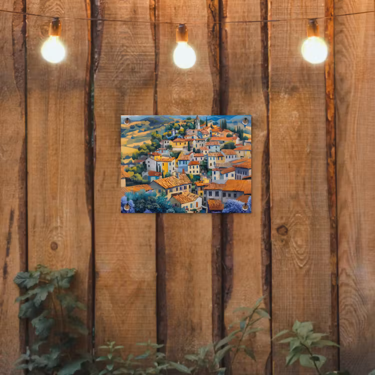 Dorp - Heuvels - Landschap - Bomen tuinposter los doek klein -sfeer1