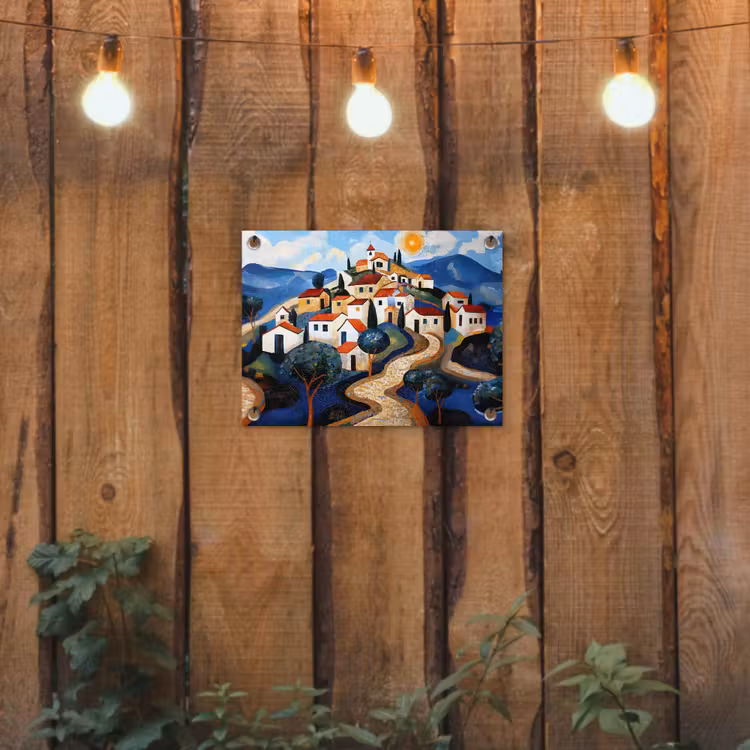 Dorp - Heuvelachtig - Zon - Mozaïek tuinposter los doek klein -sfeer1