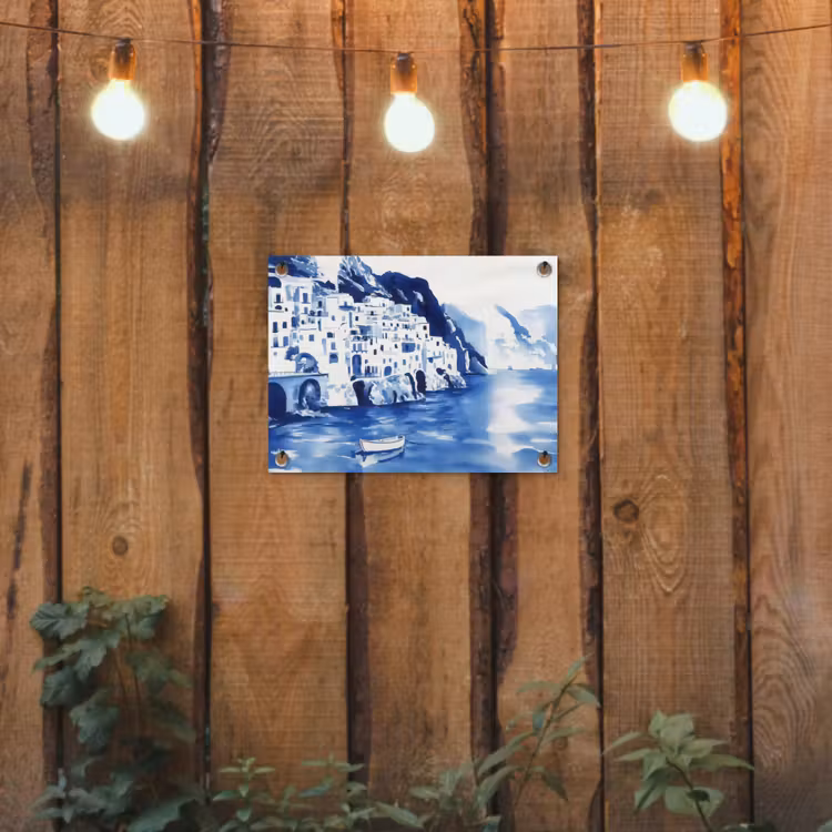 Dorp - Rotswand - Roeiboot - Water tuinposter los doek klein -sfeer1