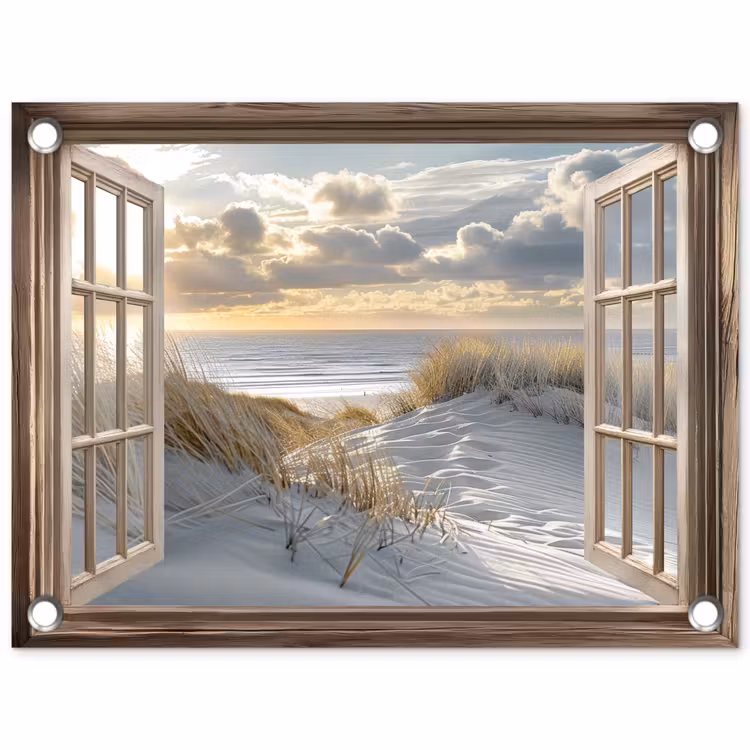 Doorkijk - Strand - Duinen - Zee - Natuur tuinposter los doek klein -3d