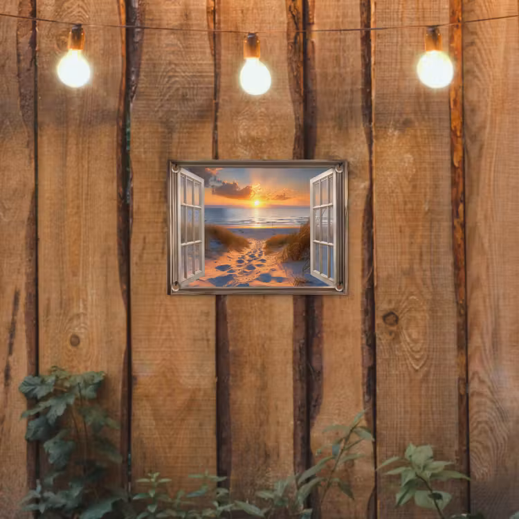 Doorkijk - Strand - Duinen - Zonsondergang tuinposter los doek klein -sfeer1