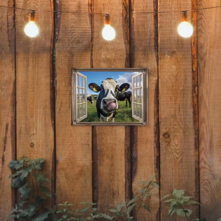 Doorkijk - Koe - Weiland - Dieren - Natuur tuinposter los doek klein -sfeer1