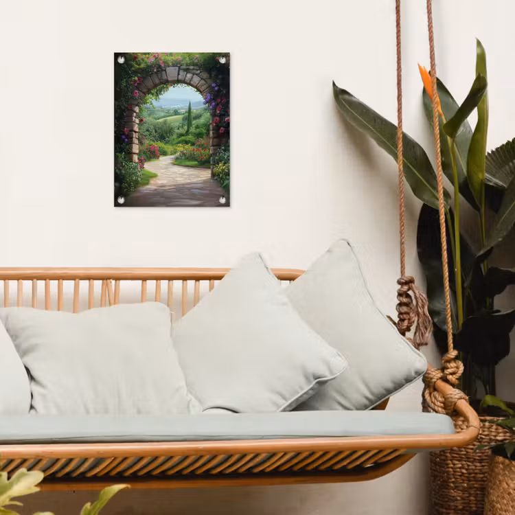 Doorkijk - Landschap - Bloemen - Pad - Uitzicht tuinposter los doek klein -sfeer7