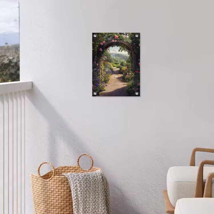 Doorkijk - Landschap - Bloemen - Rozenboog - Natuur tuinposter los doek klein -sfeer8