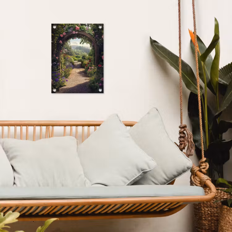 Doorkijk - Landschap - Bloemen - Rozenboog - Natuur tuinposter los doek klein -sfeer7