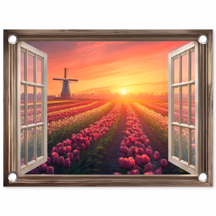 Doorkijk - Tulpen - Zonsondergang - Bloemen - Kleurrijk tuinposter los doek klein -3d